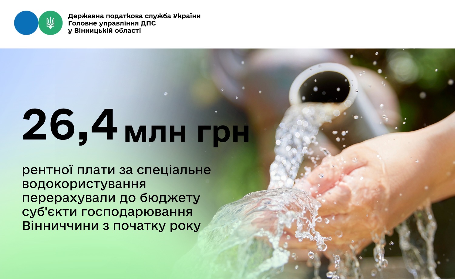 26,4 млн грн рентної плати за спеціальне водокористування перерахували до бюджету суб'єкти господарювання Вінниччини з початку року