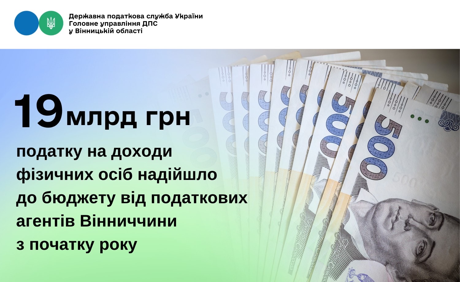19 млрд грн податку на доходи фізичних осіб надійшло до бюджету від податкових агентів Вінниччини з початку року